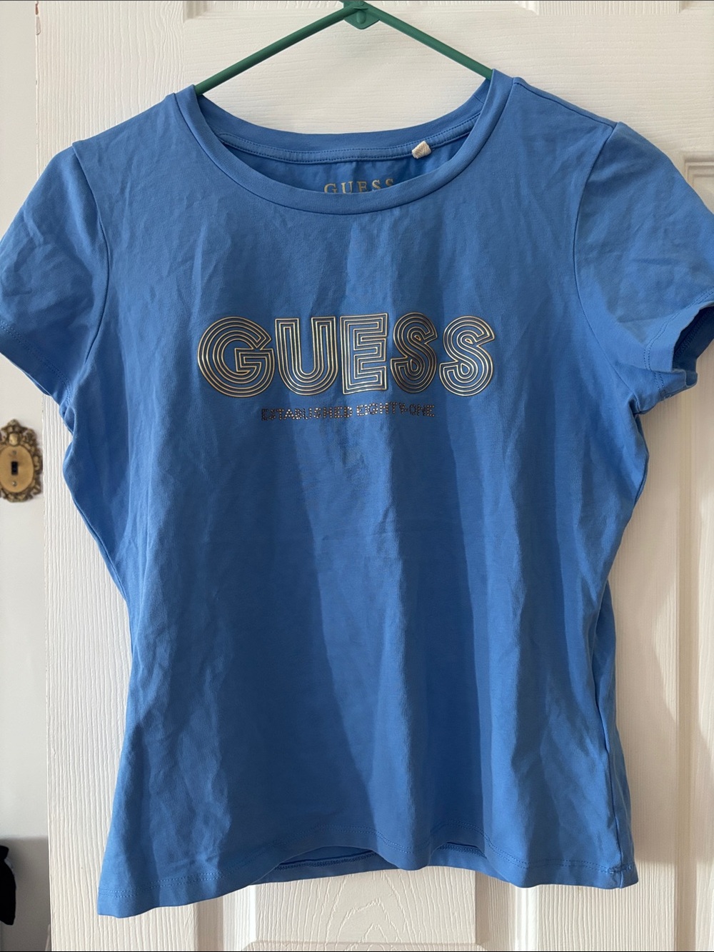 GUESS Blue Short Sleeve Tee with Metallic Logo